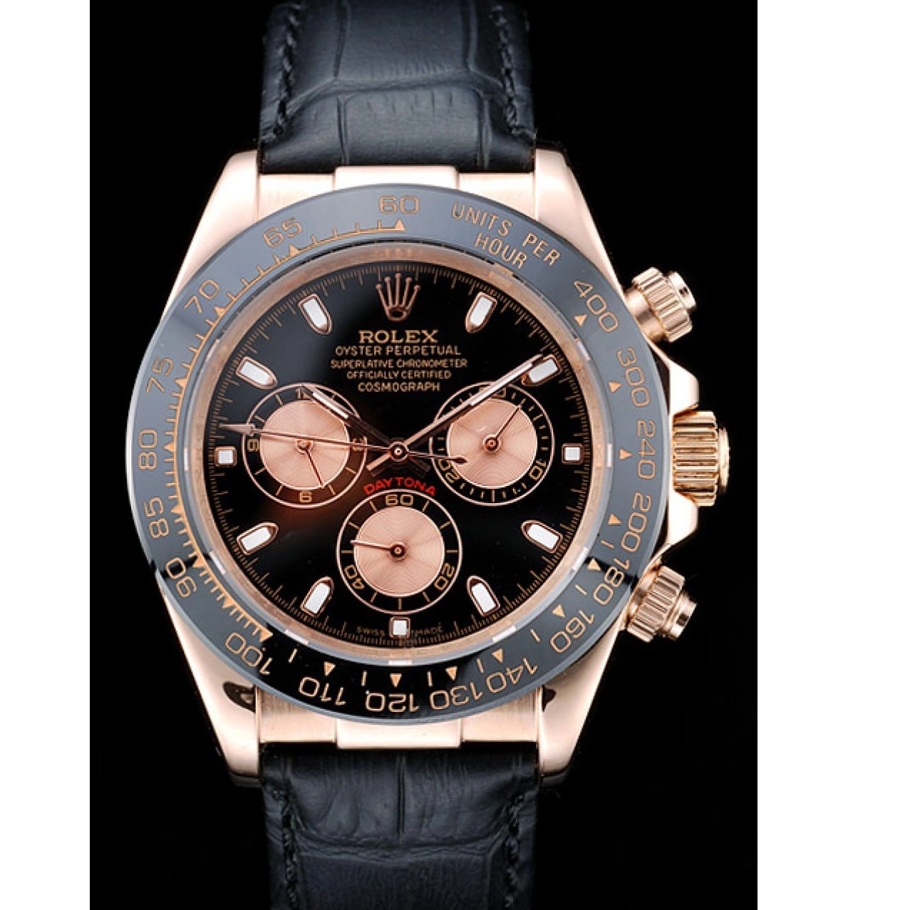 Aaa replica watch Rolex Black Black Case Gold Dial Daytona Leather Rose Strap 0608